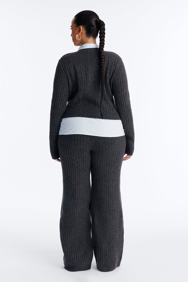 Lazy Monday Collar Sweater Wide Leg Pant Set - Charcoal