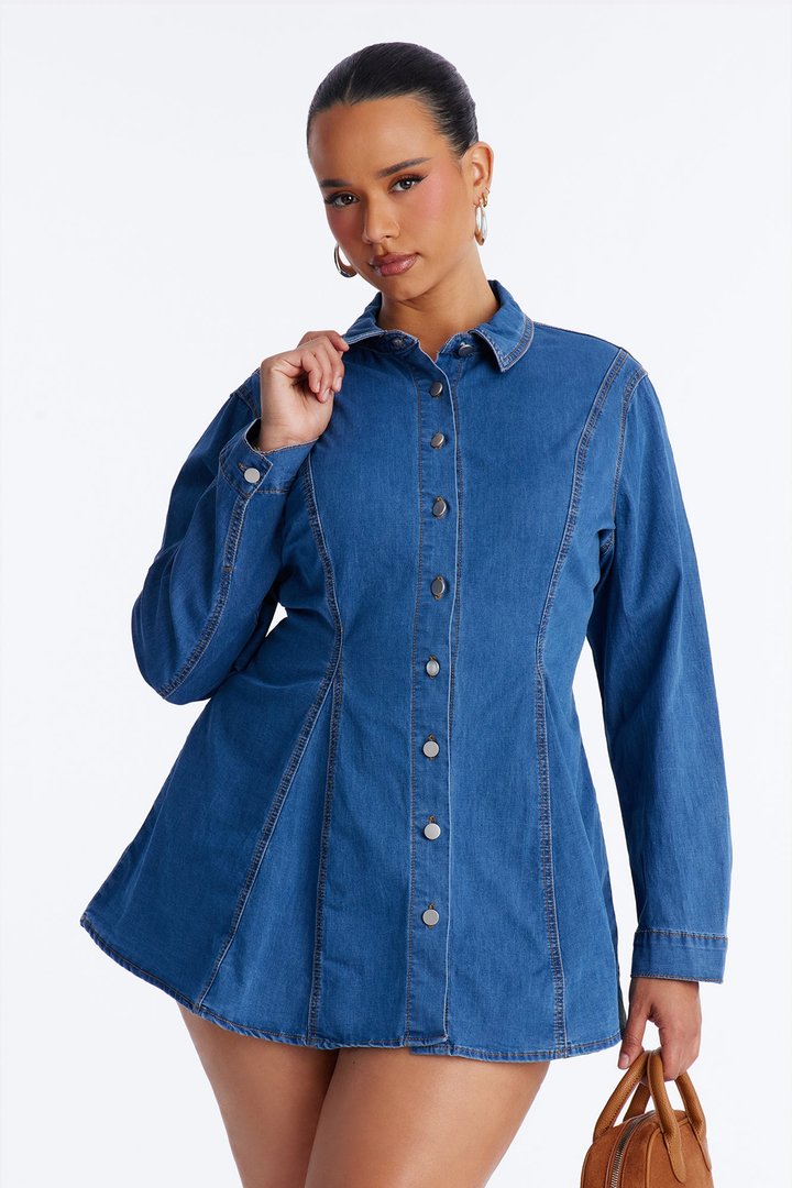 Jessi Long Sleeve Denim Mini Dress - Denim