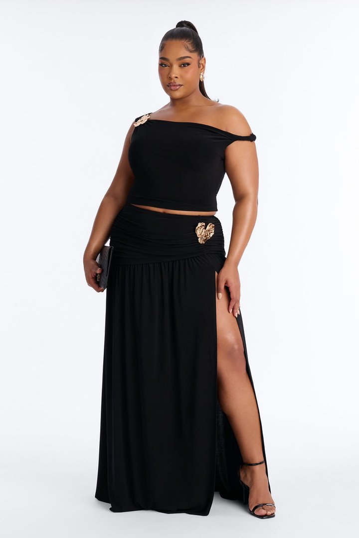 Marjorie Hardware Off Shoulder Maxi Skirt Set - Black