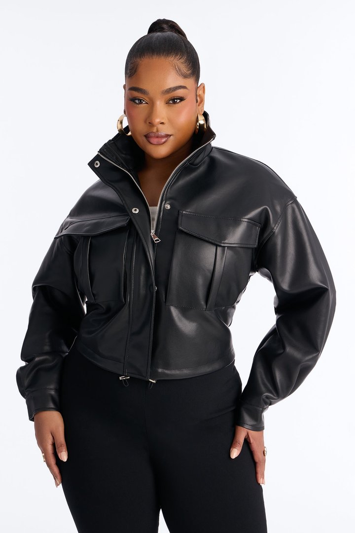 No Hard Feelings Faux Leather Cropped Bomber Jacket - Black