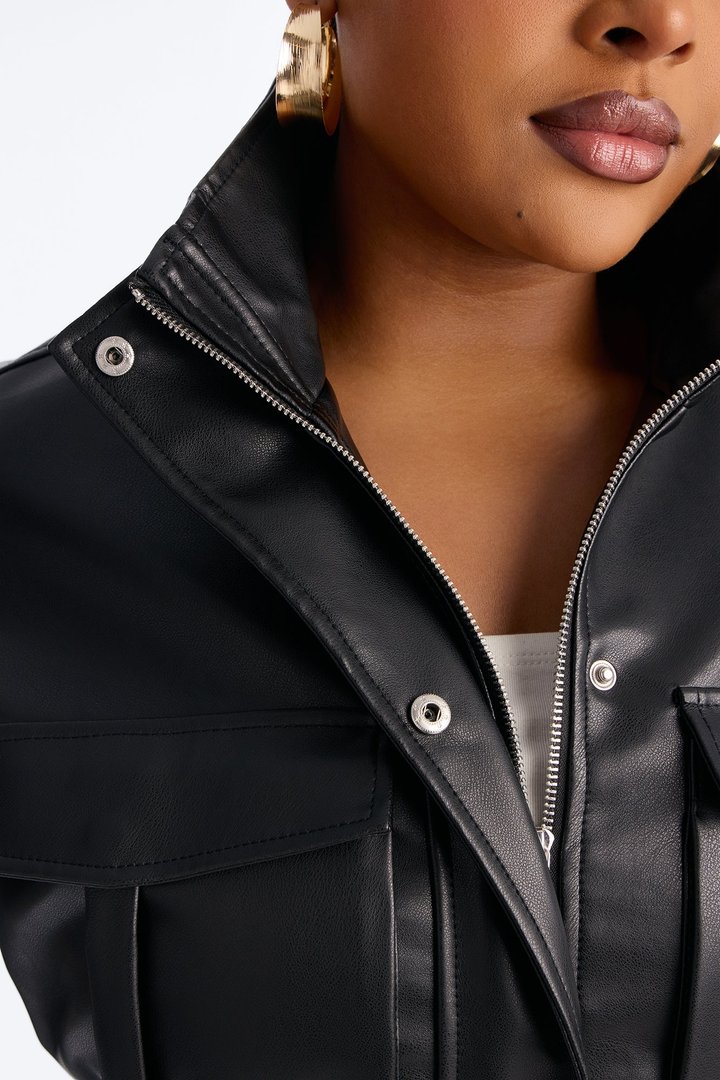 No Hard Feelings Faux Leather Cropped Bomber Jacket - Black