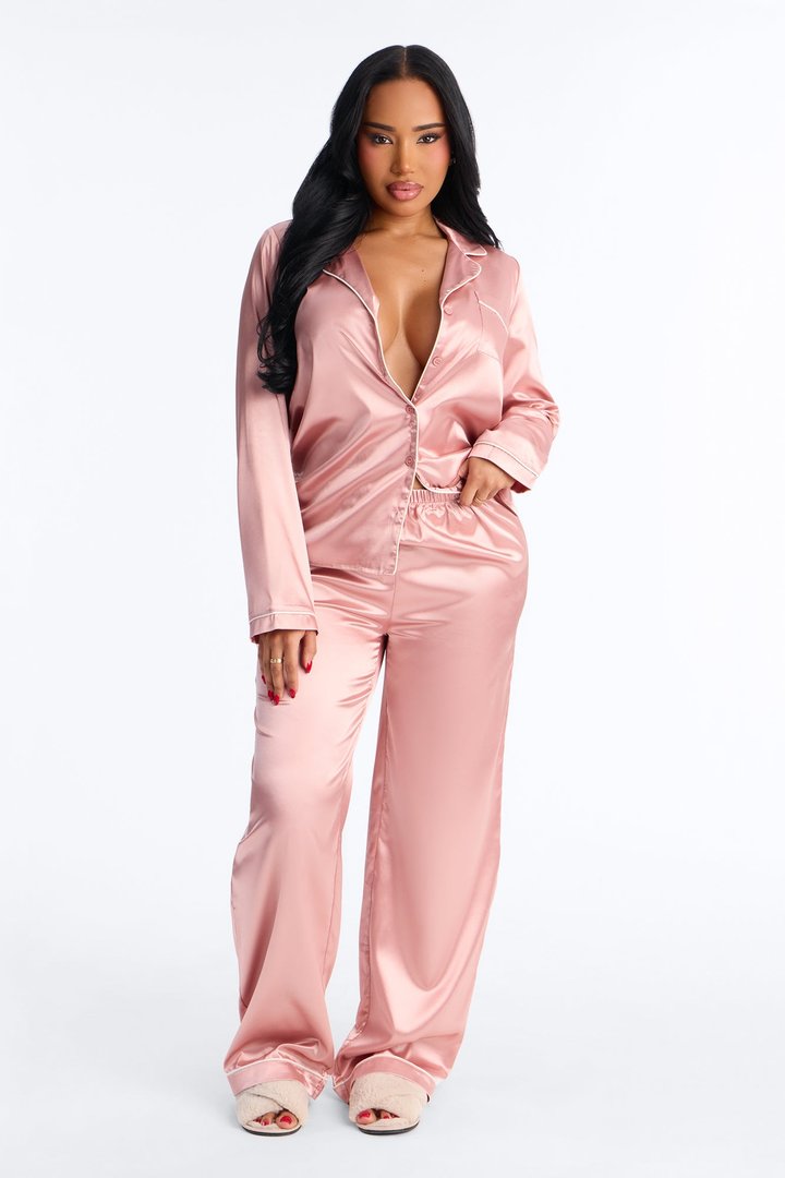 Bedtime Stretch Satin Long Sleeve PJ Pant Set - Mauve