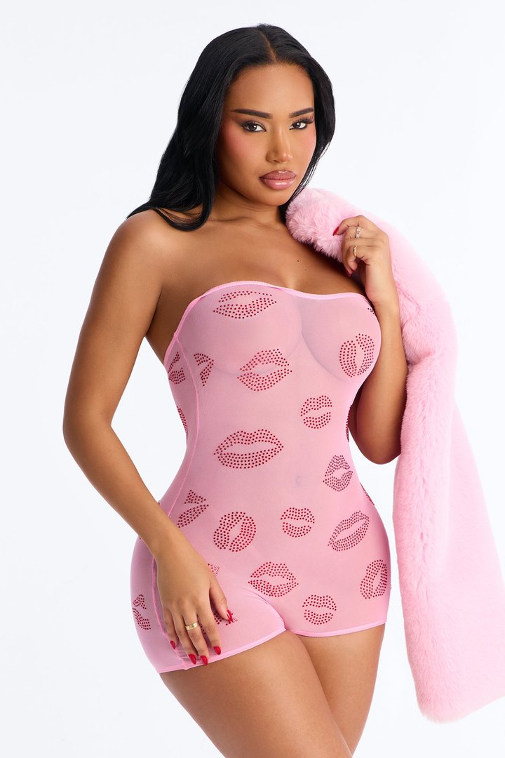 Lip Lover Rhinestone Mesh Romper With Bolero - Pink/combo