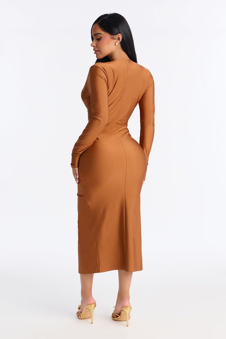 Lola Ruched Midi Dress - Brown