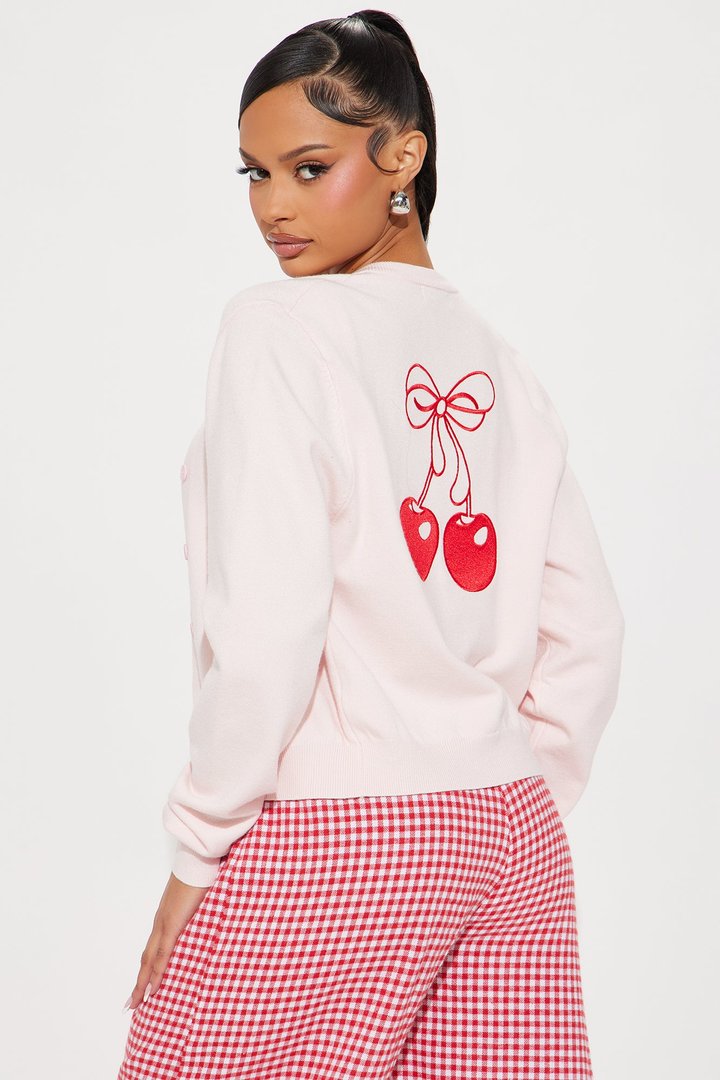 Bow On Top Cherry Cardigan - Pink