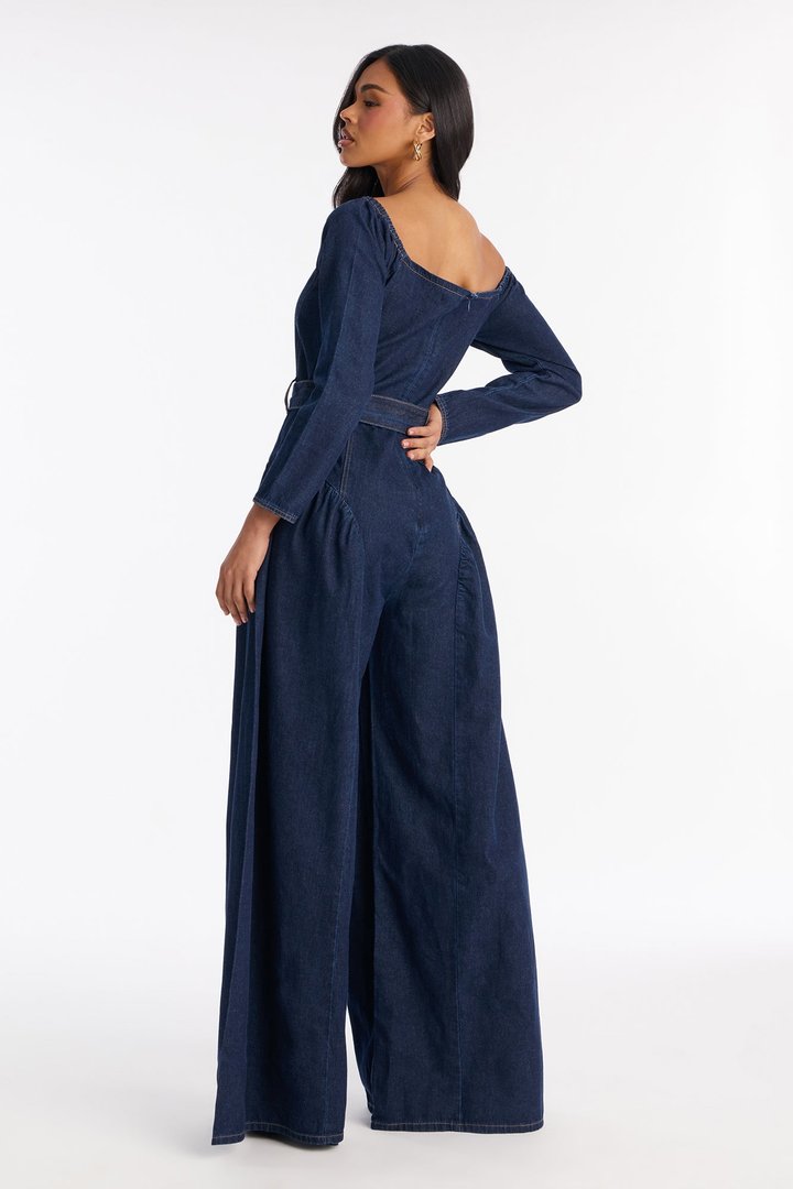 Done Up In Denim Wide Leg Jumpsuit - Dark Wash