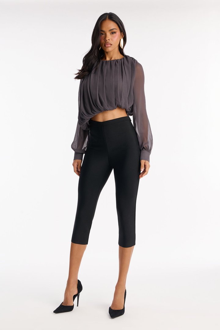Anyah Asymmetrical Ruched Chiffon Top - Charcoal