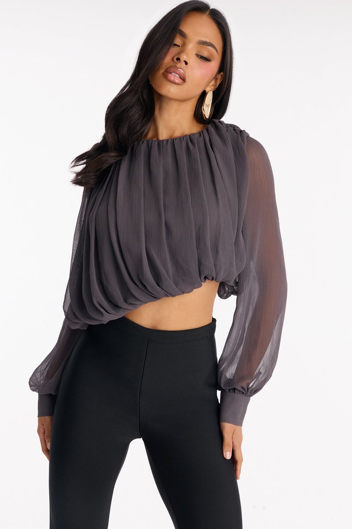 Anyah Asymmetrical Ruched Chiffon Top - Charcoal