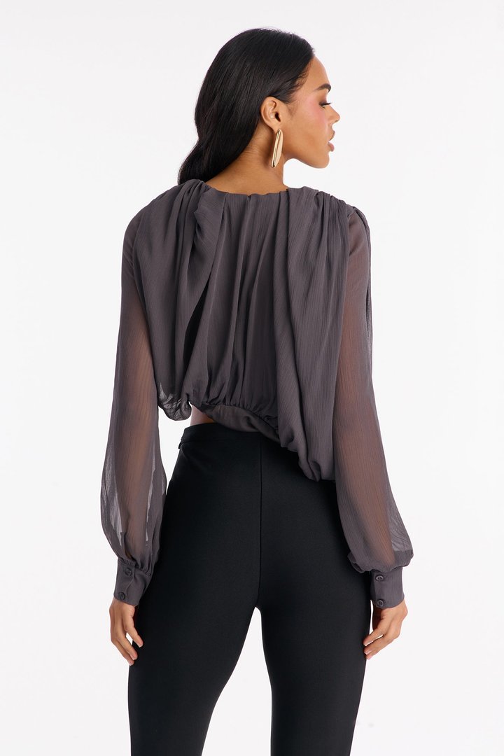 Anyah Asymmetrical Ruched Chiffon Top - Charcoal