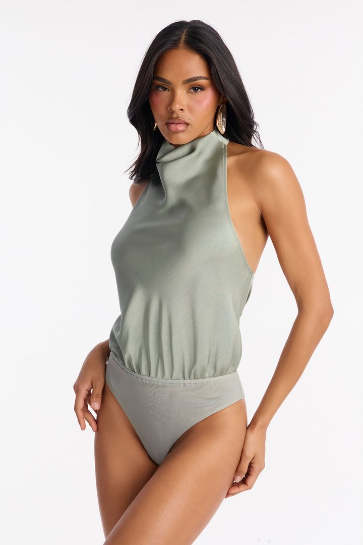 Hailey Satin Halter Bodysuit 3 Piece Pant Set - Sage