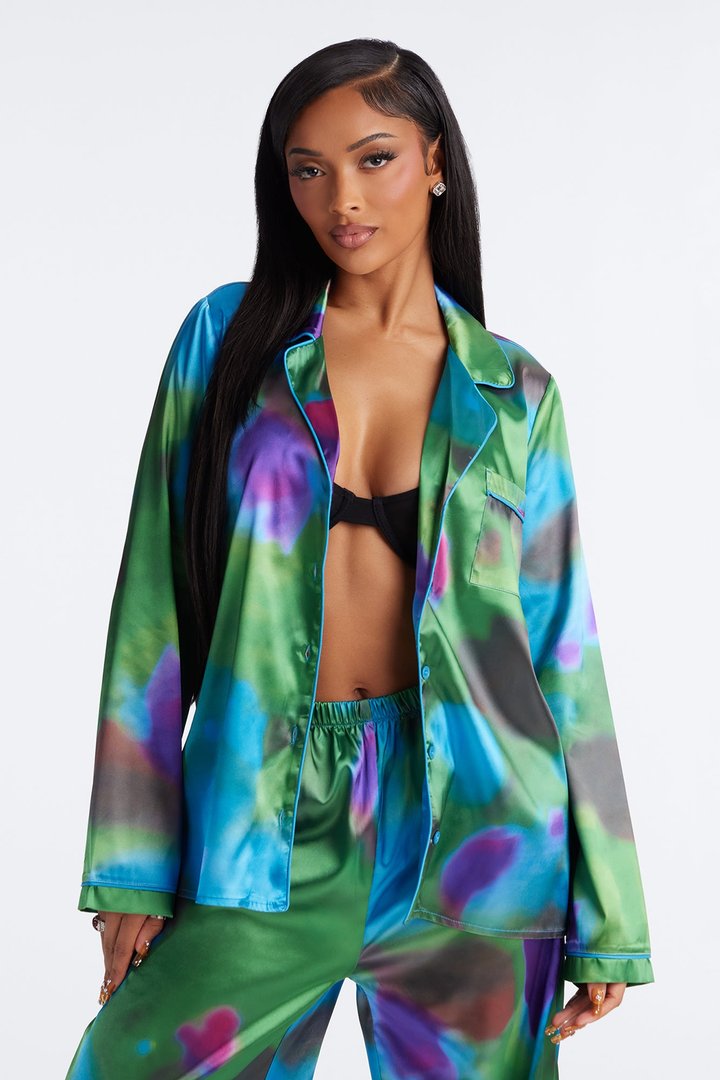 Bedtime Stretch Satin Long Sleeve PJ Pant Set - Blue/combo