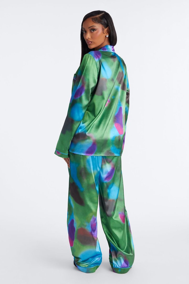 Bedtime Stretch Satin Long Sleeve PJ Pant Set - Blue/combo