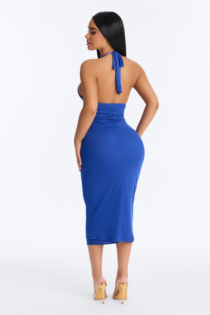 Natalie Ruched Mesh Midi Dress - Royal