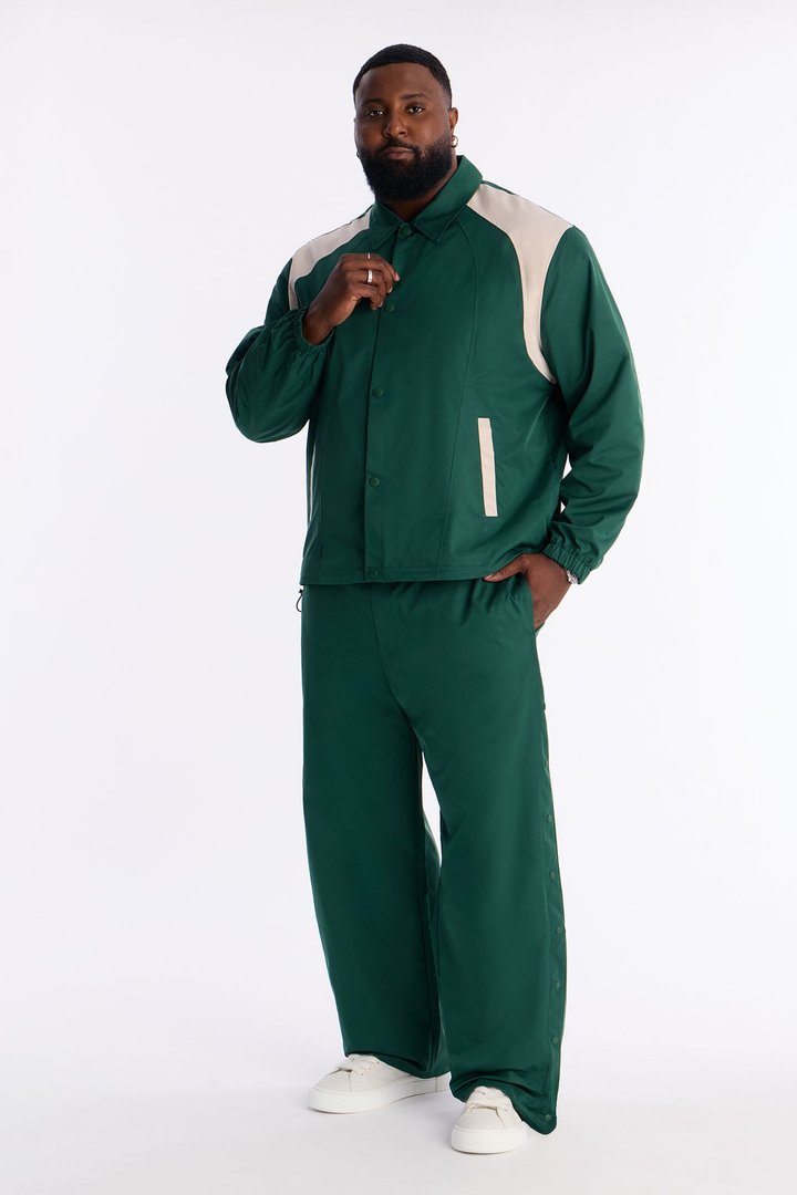 Straight Button Detailed Contrast Panel Pant - Green
