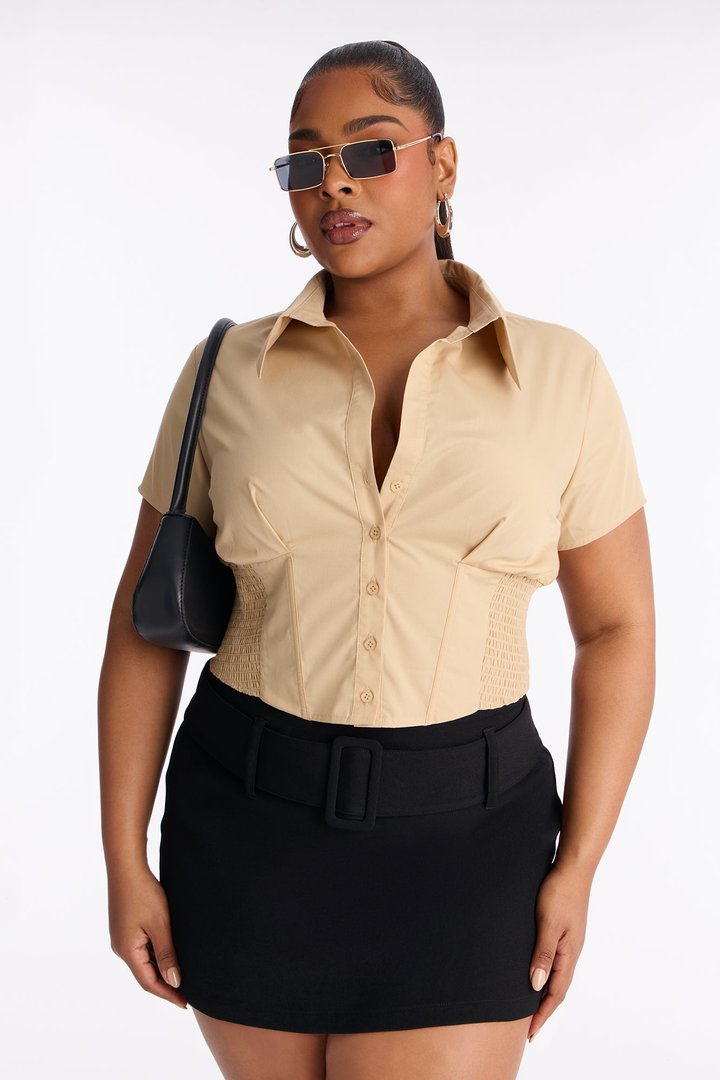 Endless Talks Short Sleeve Corset Top - Stone