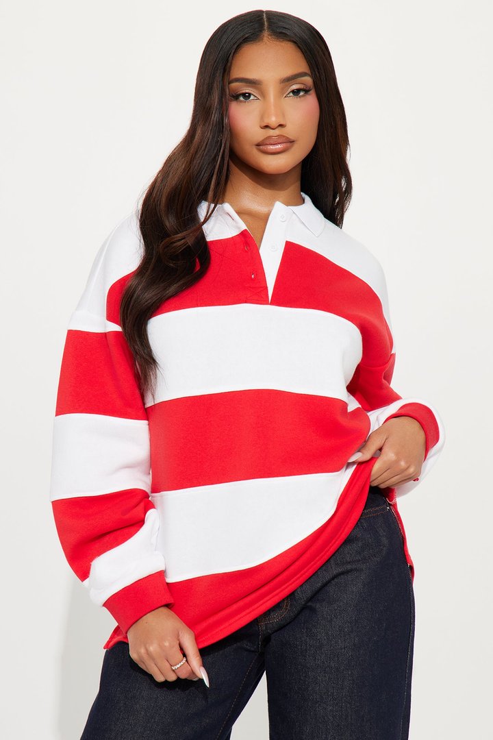 Katie Rugby Striped Polo - Red/combo