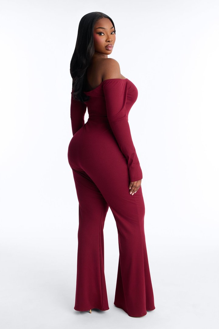 So In Love Ribbed Flare Leg Jumpsuit - Wine