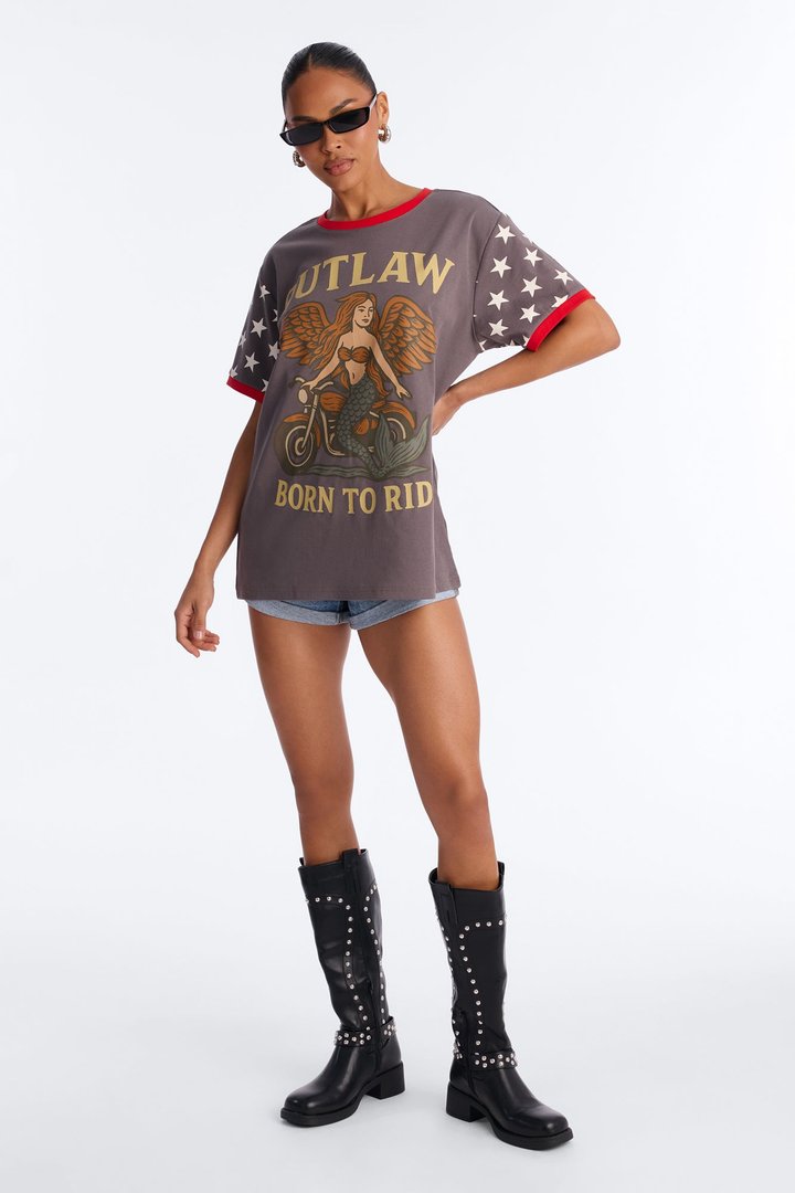 Outlaw Born To Ride Oversized Tee - Charcoal/combo