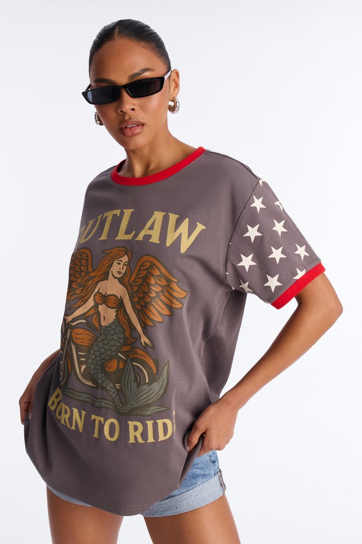 Outlaw Born To Ride Oversized Tee - Charcoal/combo