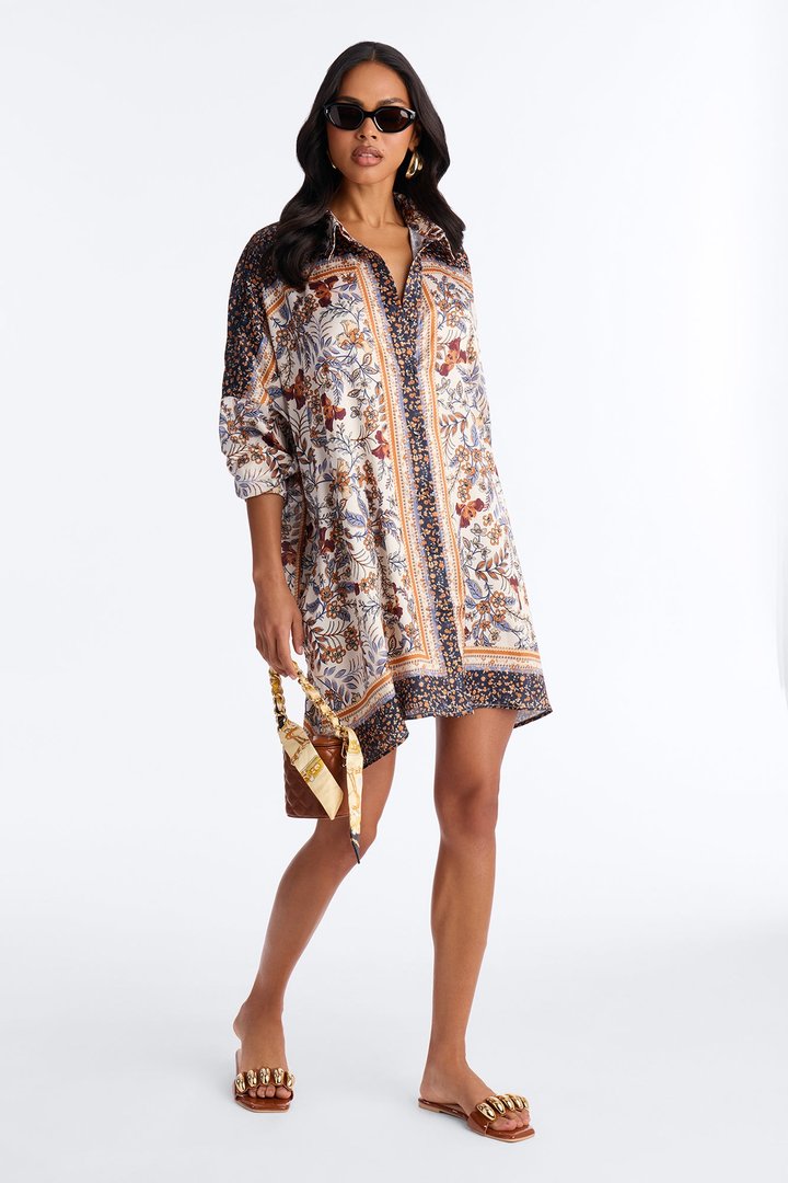 Italian Summer Long Sleeve Satin Mini Dress - Navy/combo