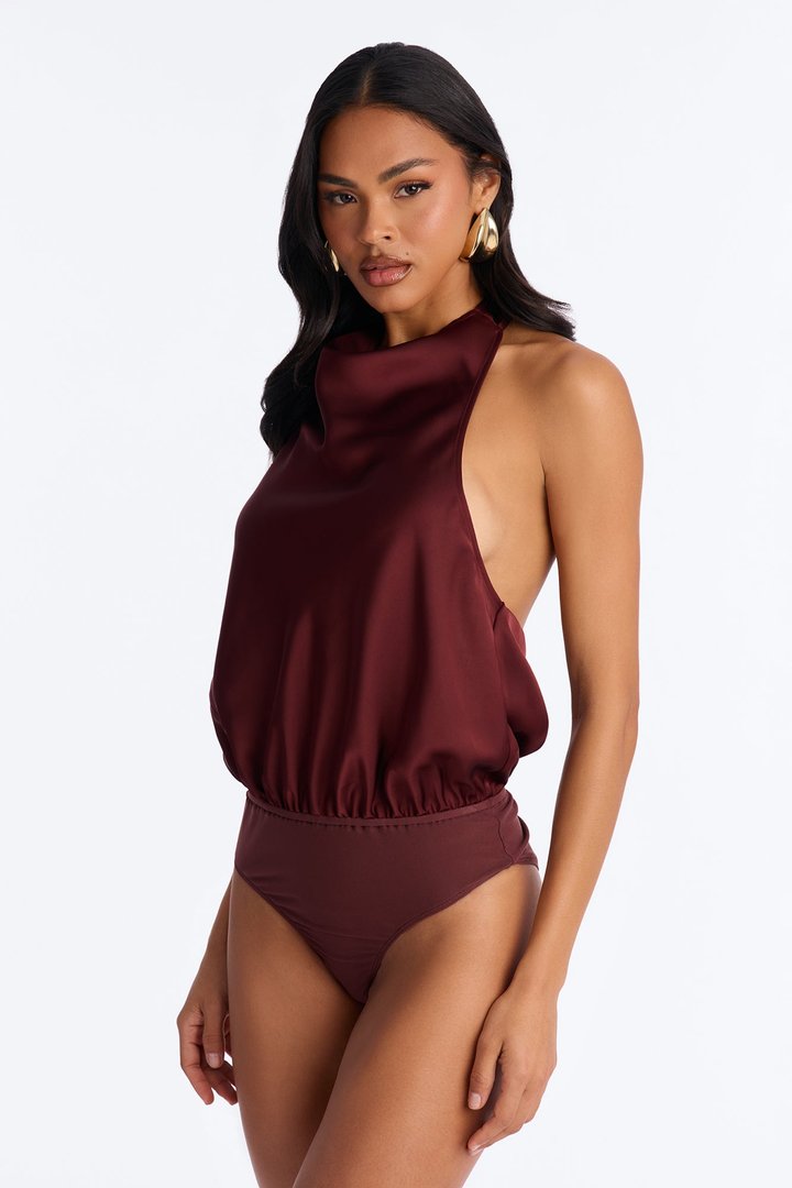 Isabelle Satin Halter Bodysuit 3 Piece Pant Set - Brown