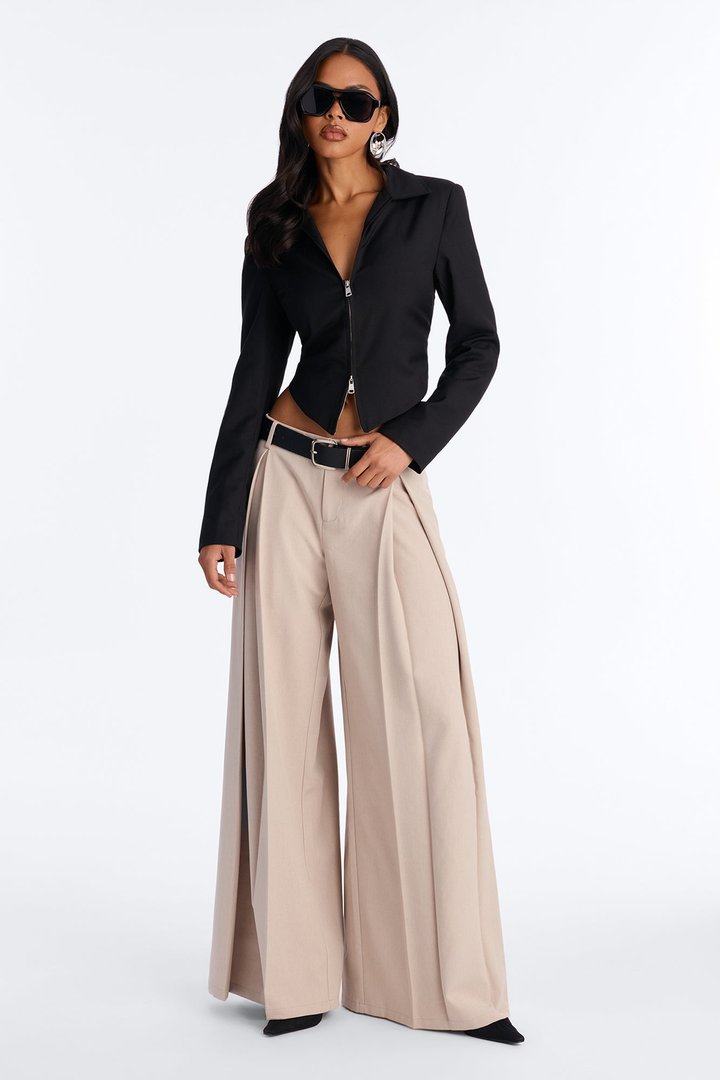 Stevie Low Rise Front Pleated Wide Leg Trouser Pant 33″ - Stone