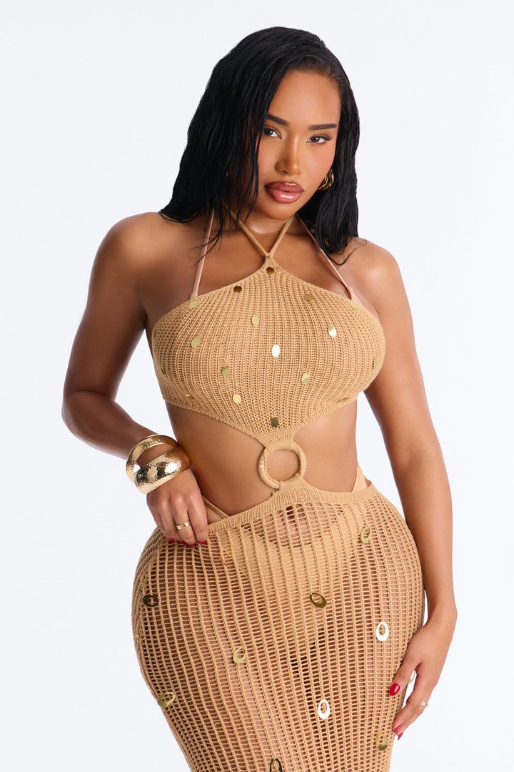 Heat Island Crochet Swim Cover Up Dress - Tan