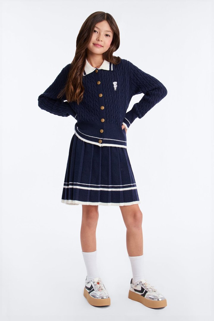 Mini Campus Queen Sweater Cardigan Skirt Set - Navy