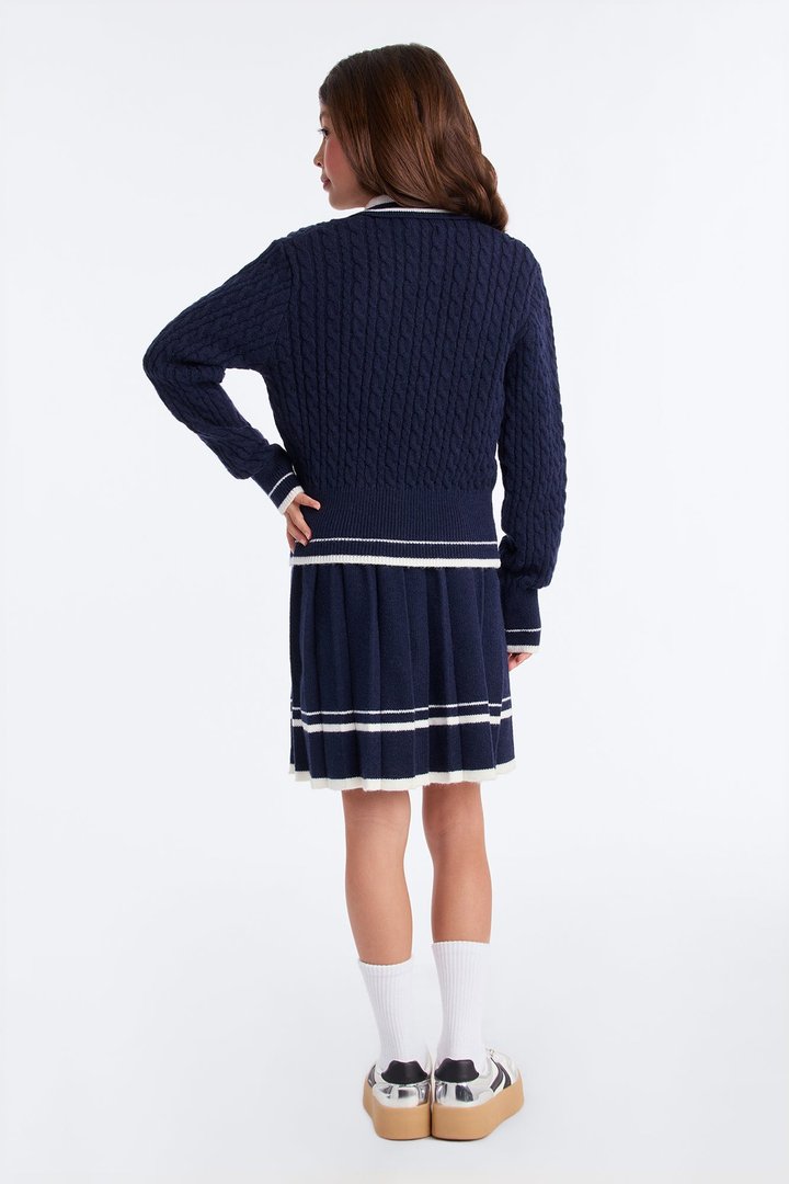 Mini Campus Queen Sweater Cardigan Skirt Set - Navy