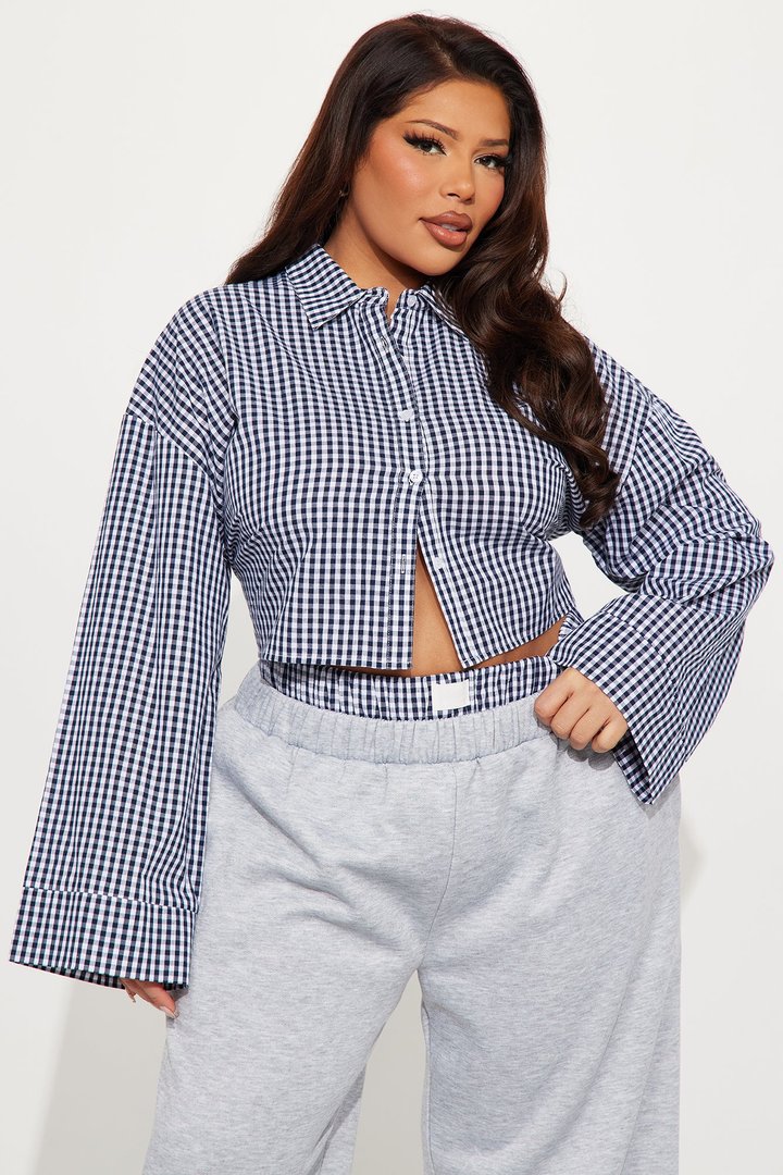 Shayla Gingham Fleece Pant Set - Navy/combo