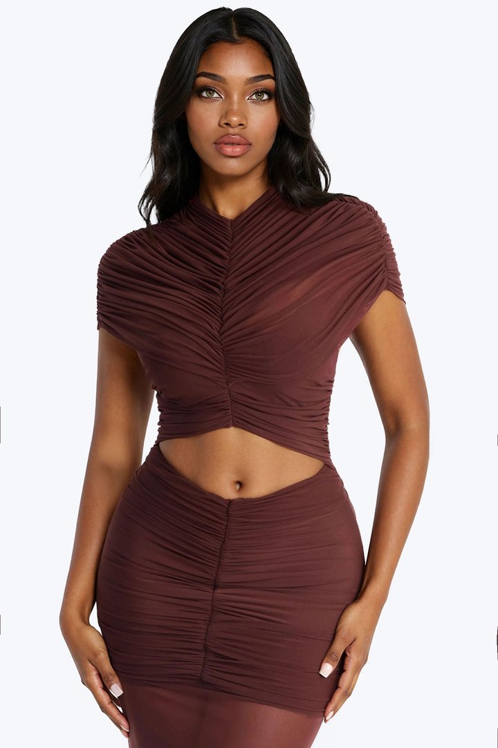 Divine Timing Ruched Mesh Maxi Dress - Chocolate