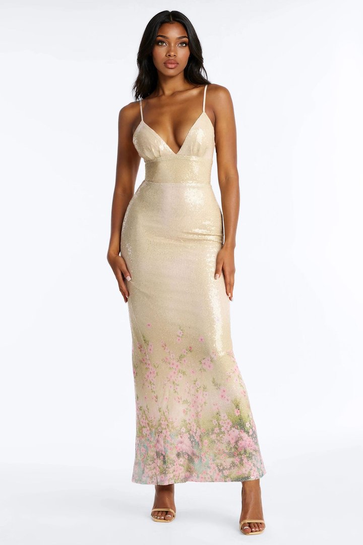 Delia Floral Sequin Gown - Nude/combo