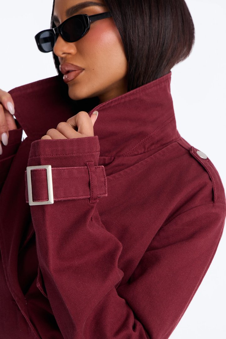 Parisian Delights Denim Trench Coat - Burgundy