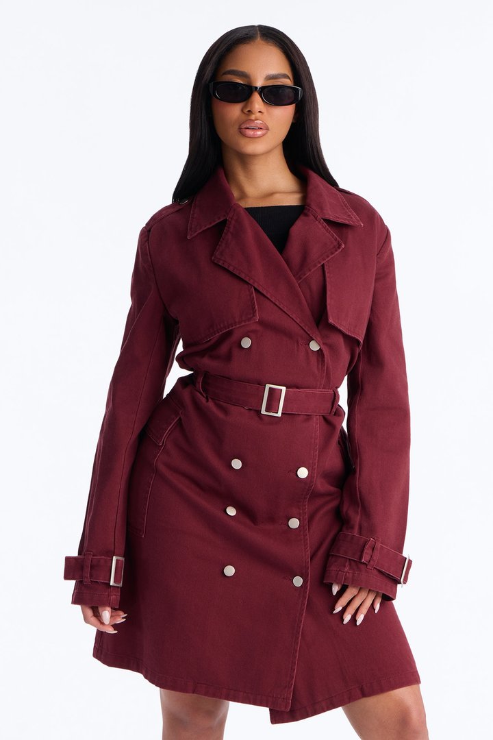 Parisian Delights Denim Trench Coat - Burgundy