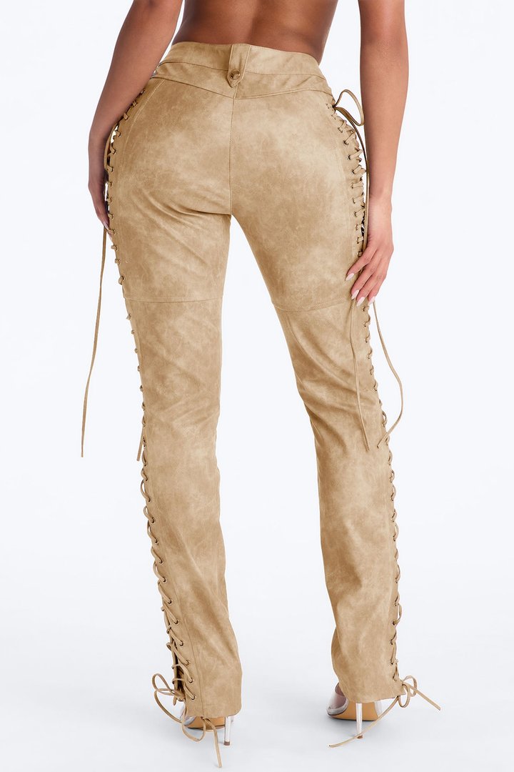 After Hours Faux Leather Lace Up Flare Pant 33″ - Taupe