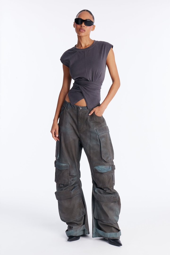 Abigail Low Rise Barrel Leg Cargo Pant - Grey/combo