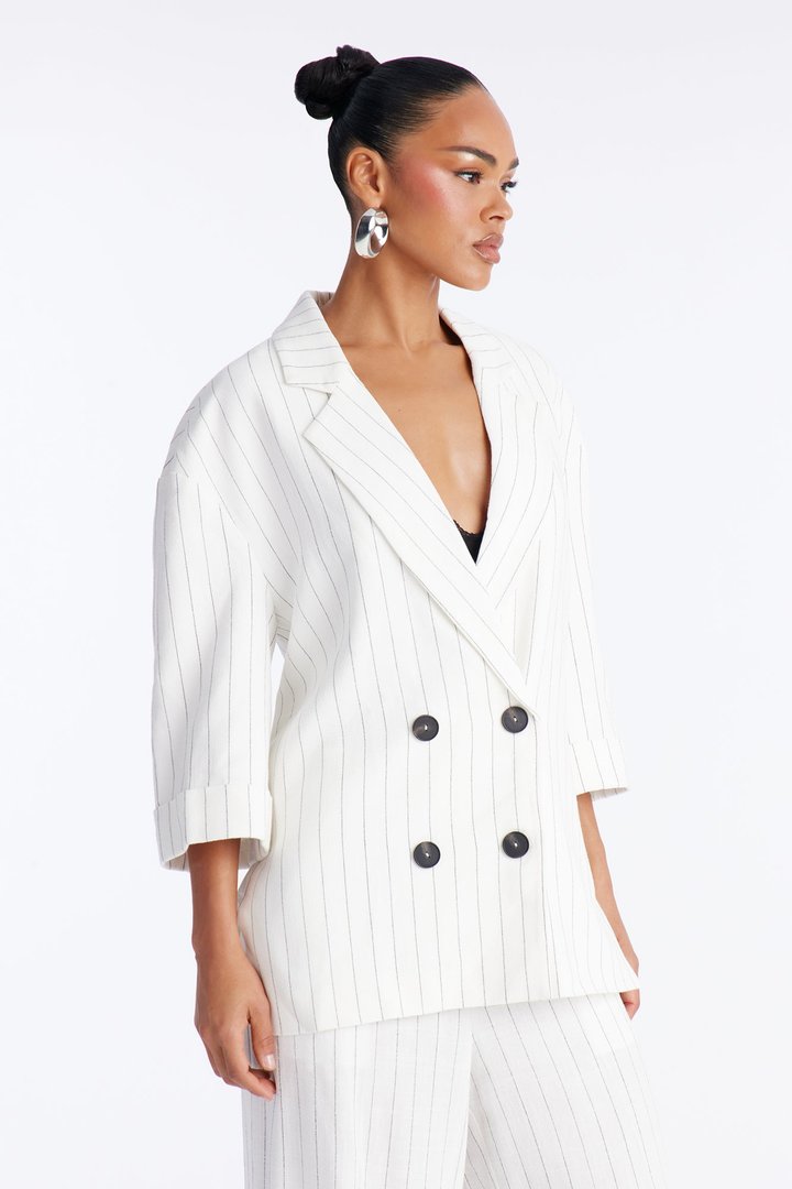 Thalia Linen Pinstripe Pant Set - White/combo