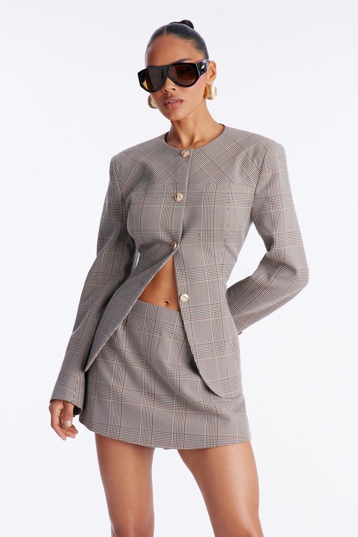 Follow Her Logic Plaid Blazer Skirt Set - Taupe/combo