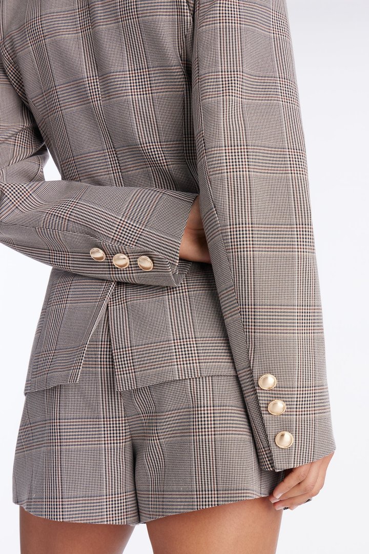 Follow Her Logic Plaid Blazer Skirt Set - Taupe/combo
