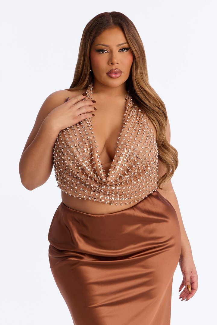 Going Out Tonight Rhinestone Halter Top - Nude