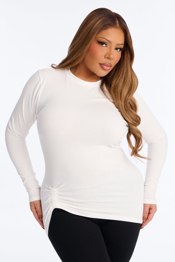 Soft Allure Ruched Asymmetrical Long Sleeve Top - White