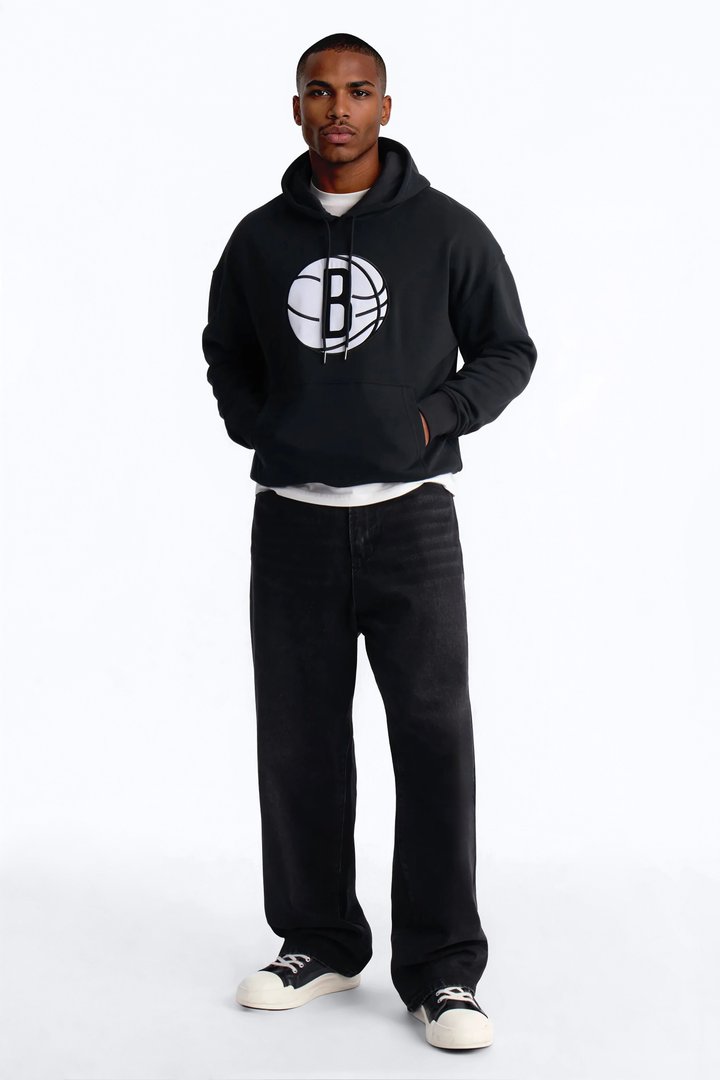 Nets Old English Embroidery Hoodie - Black