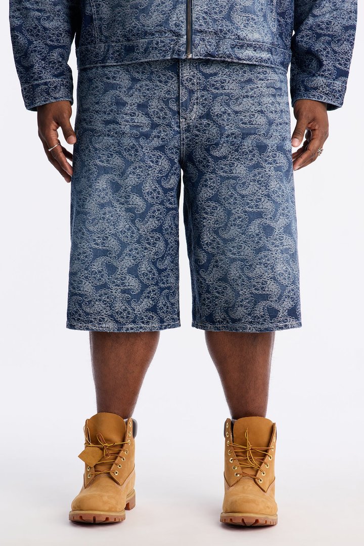 Baggy Paisley Jacquard Denim Short - Dark Wash