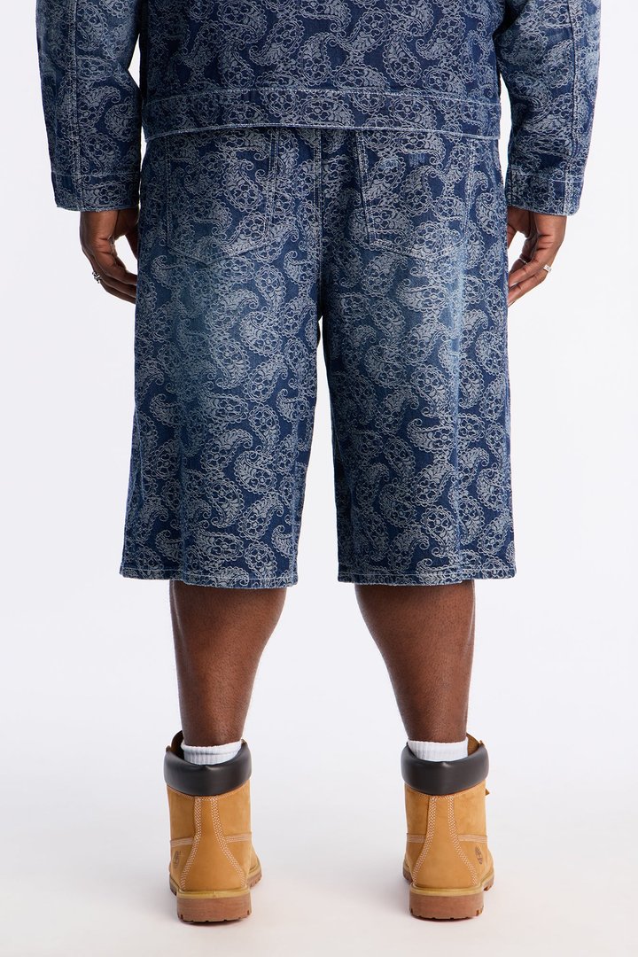 Baggy Paisley Jacquard Denim Short - Dark Wash