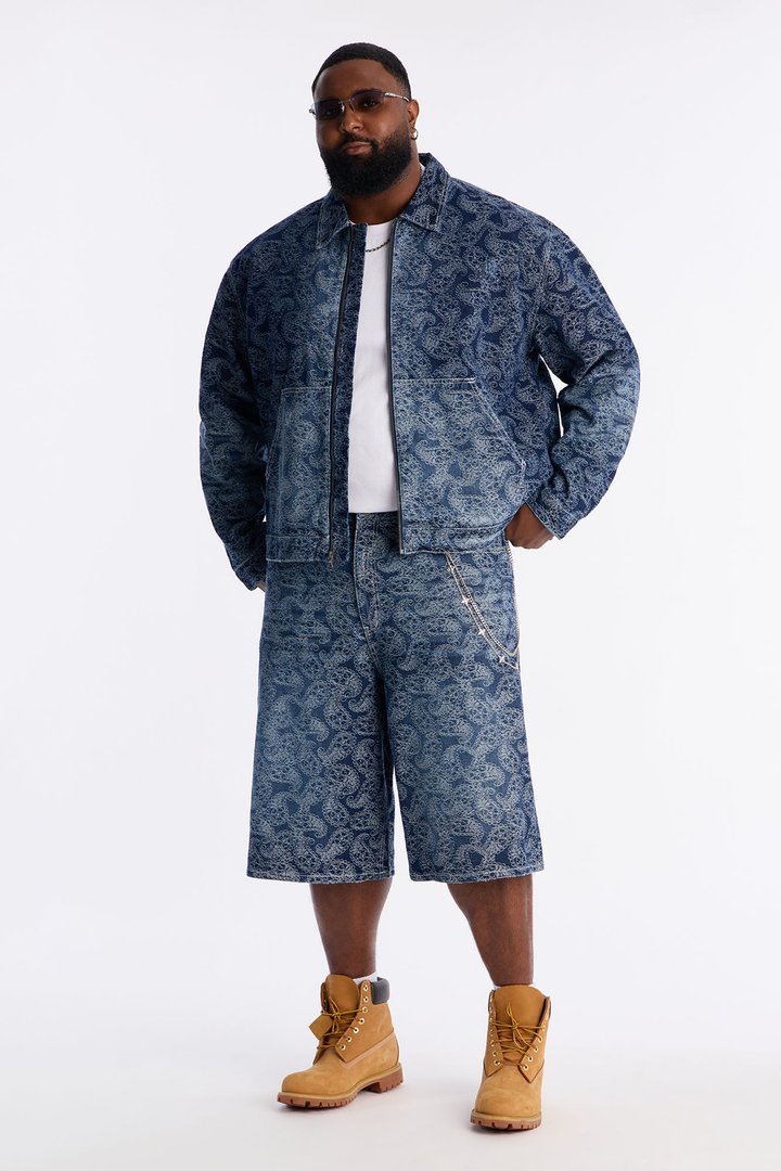 Baggy Paisley Jacquard Denim Short - Dark Wash