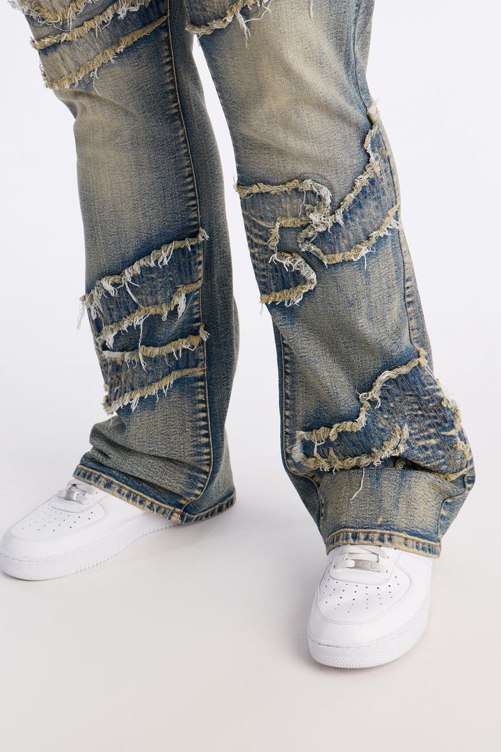 Stacked Slim Flare Fray Waves Jeans - Light Wash