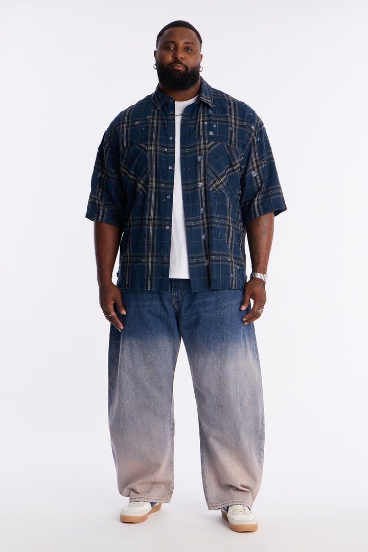 Cropped Deconstructed Hem Short Sleeve Flannel Button Up - Blue