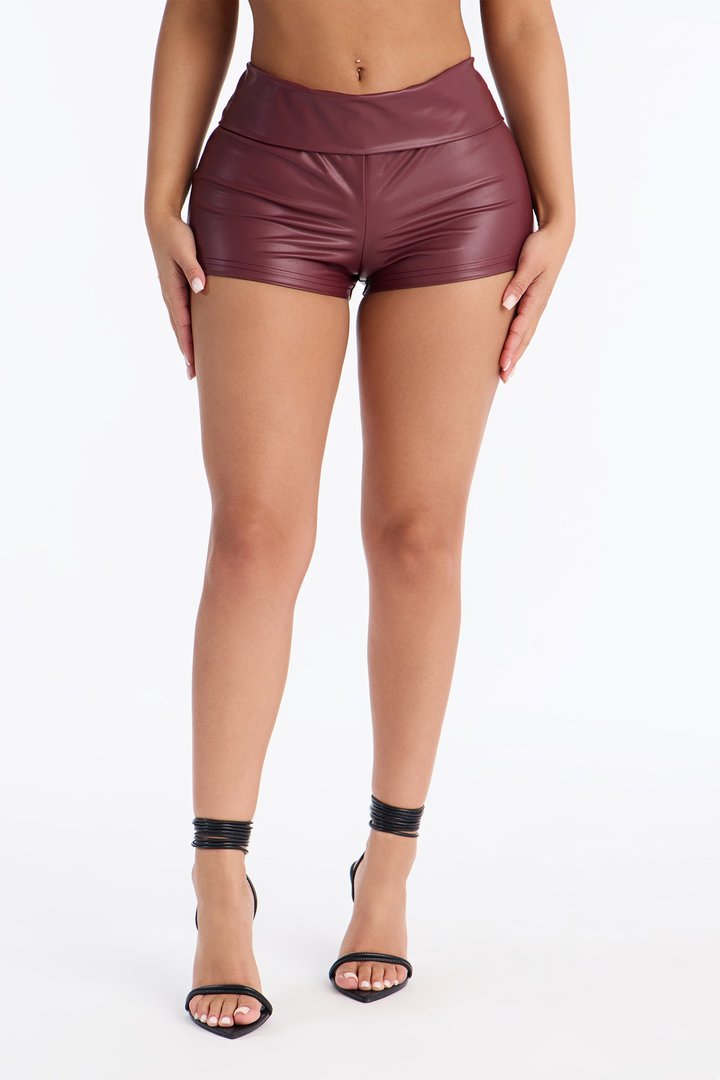 Roxi Foldover Faux Leather Micro Short - Burgundy