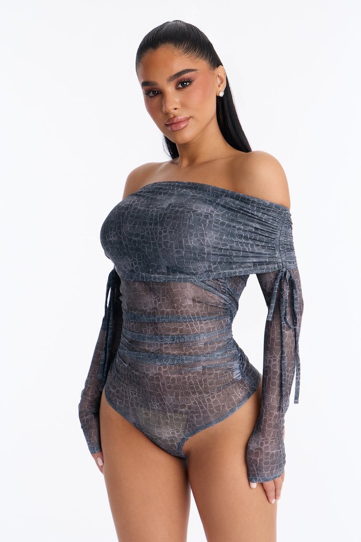 Poison Kiss Mesh Long Sleeve Ruched Bodysuit - Charcoal/combo
