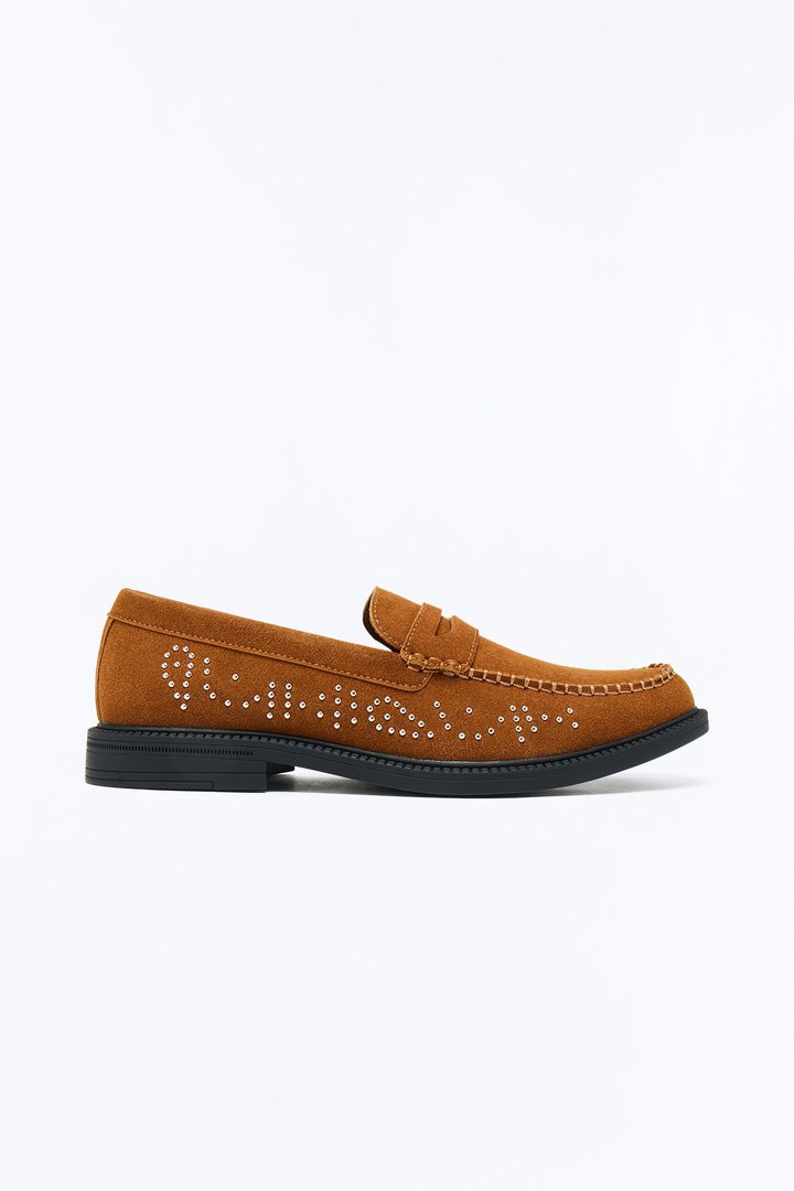 Studded Faux Suede Slip On Loafer - Brown
